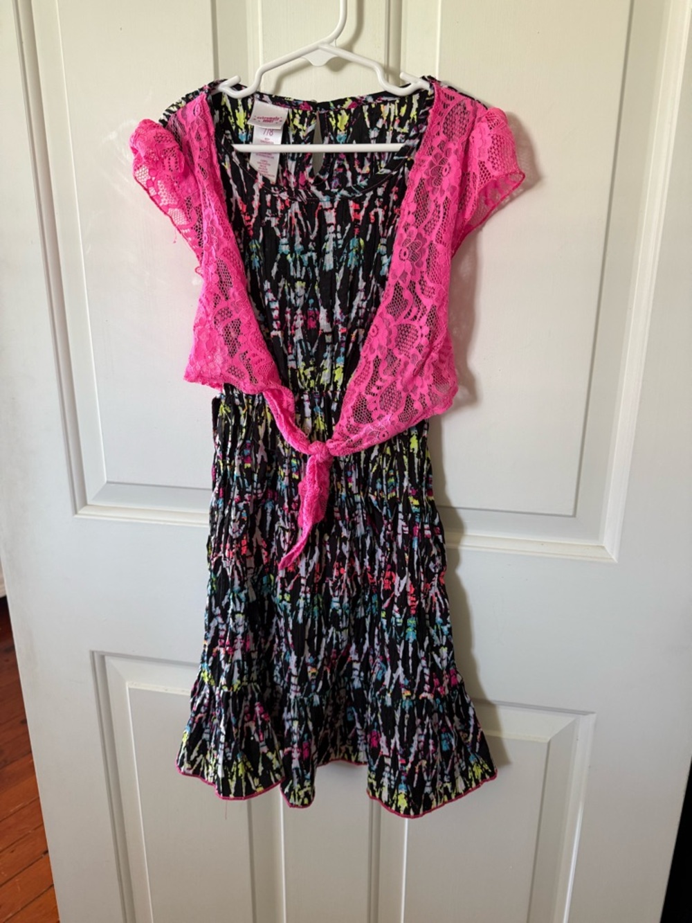 Girls Neon Pink Lace Tie-Front Dress with Black Multi-Print